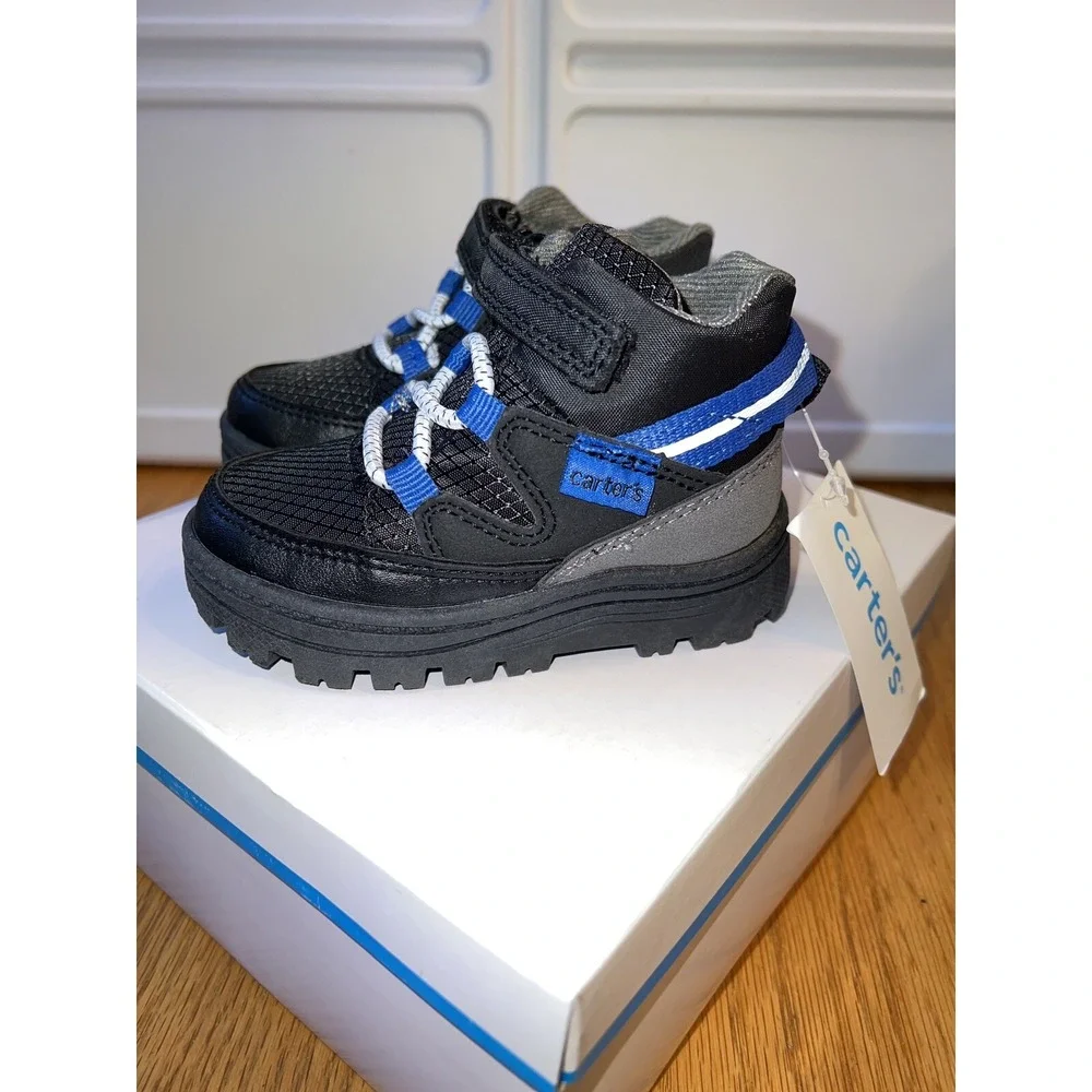 Carters Toddler Boys Black Blue Hiking Boots Hook Loop Strap Rugged‎ Sole NWT